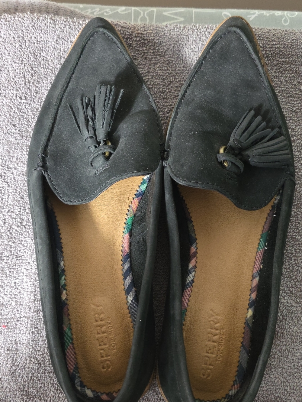 Sperry Black Suede Tassel Pointed Loafers